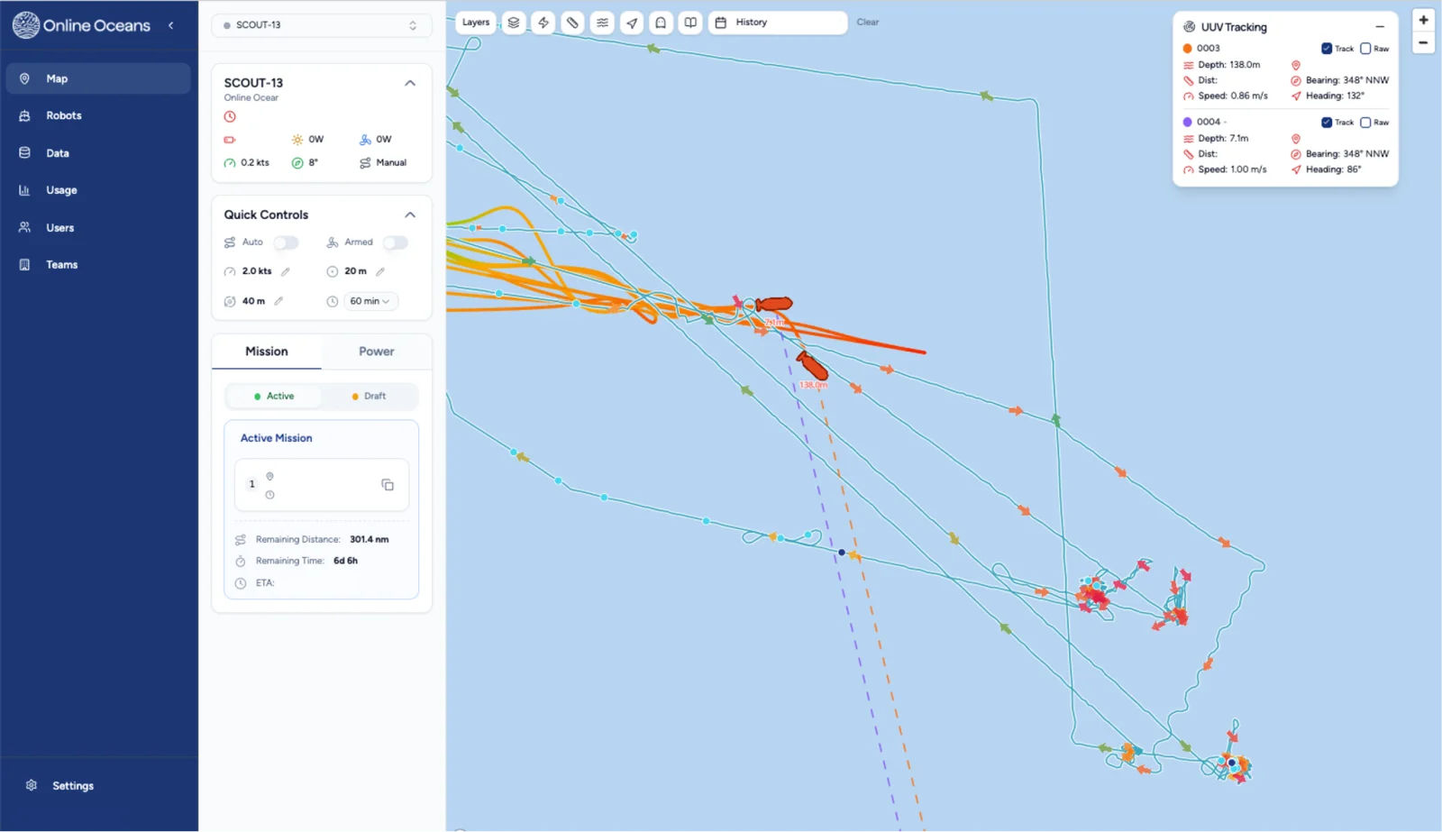 Tether command and control platform tracking two UUVs from Scout USV, showing live depth, bearing, speed and heading for each vehicle